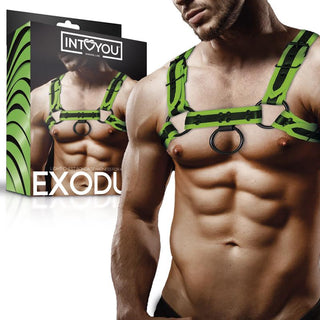 En man utan skjorta bär Shining Line Glow Bondage Harness tillverkad av veganskt läder; INTOYOU- och EXODU-märkt låda visas. Selen lyser i mörkret.