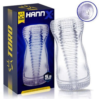 Svart och blå förpackning med Hannx2 Handjob Stroker-märke; genomskinlig texturerad sleeve tillverkad av högkvalitativ TPR för en förstklassig upplevelse, med en 5,5-tums text.
