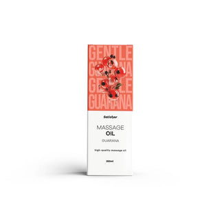Vit ask med Satisfyer Massageolja Guarana 250 ml, med en röd blommig design och ordet "GENTLE" högst upp.