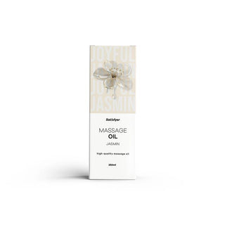 En vit ask dekorerad med en blomma innehåller Satisfyer Massageolja Jasmin 250 ml, en lyxig massageolja med jasmindoft.
