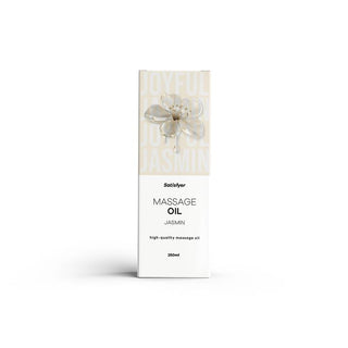 En vit ask dekorerad med en blomma innehåller Satisfyer Massageolja Jasmin 250 ml, en lyxig massageolja med jasmindoft.