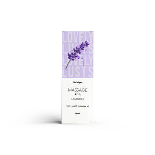 Vit ask med Satisfyer Massageolja Lavendel 250 ml med en lugnande lavendelkvist och "Lovely Lusts" i lila på förpackningen, perfekt för sensuell massage och en lugnande lavendeldoft.