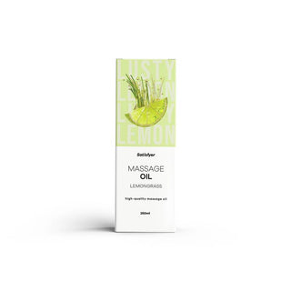 Vit ask med Satisfyer Massageolja Lemongräs 250 ml med en grön citrusskiva illustration-en lyxig massageolja perfekt för avkopplande stunder.