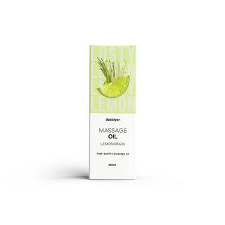 Vit ask med Satisfyer Massageolja Lemongräs 250 ml med en grön citrusskiva illustration-en lyxig massageolja perfekt för avkopplande stunder.