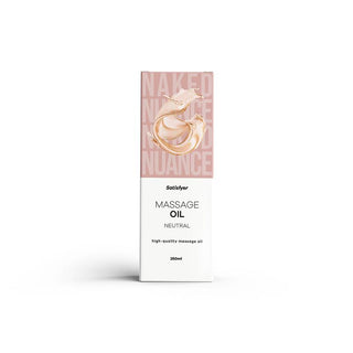 Vit-rosa box med abstrakt konst och texten "NAKED NUANCE." Satisfyer Massageolja Neutral 250 ml - perfekt doftfri massageolja för känslig hud.