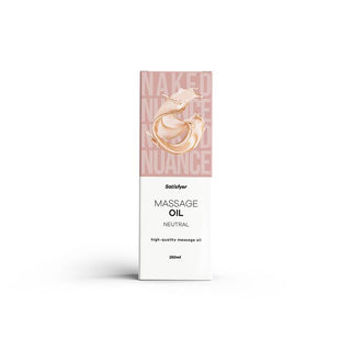 Vit-rosa box med abstrakt konst och texten "NAKED NUANCE." Satisfyer Massageolja Neutral 250 ml - perfekt doftfri massageolja för känslig hud.