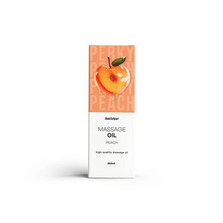 Vit ask med Satisfyer Massageolja Persika 250 ml med en persikofärgad illustration och en persikofärgad övre bakgrund, perfekt för silkeslen, sensuell massage.