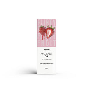 Vit ask med Satisfyer Massageolja Jordgubb 250 ml med illustrerade jordgubbar och en rosa "Flirty Fruit"-bakgrund.