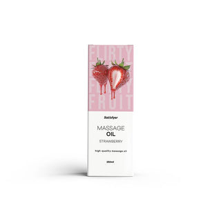 Vit ask med Satisfyer Massageolja Jordgubb 250 ml med illustrerade jordgubbar och en rosa "Flirty Fruit"-bakgrund.