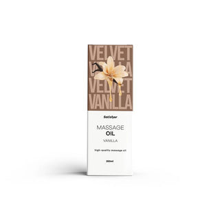 Satisfyer Massageolja Vanilj 250 ml kommer i en vit ask med en vaniljblomma och texten VELVET VANILLA - perfekt för en sensuell massageupplevelse.
