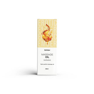 Satisfyer Massageolja Värmande 250 ml kommer i en vit ask med en eldig design och texten "Erotic Ember", som utlovar värmande effekt för en njutbar massageupplevelse.