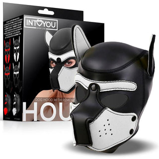 Intoyou Neoprene Hundmask är en svartvit hundmask med avtagbar munkorg, perfekt för valplek eller BDSM-sessioner, som visas upp bredvid sin förpackning.