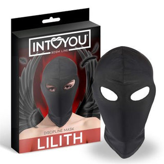 En låda med en svart mask märkt "Discipline Mask Lilith" har varumärket "IntoYou" ovanför den, gjord av elastiskt material för extra komfort. Perfekt för dem som söker en uppslukande upplevelse med IntoYou BDSM Mask.