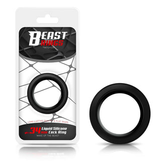 Beast Rings Penisring 3,4 cm, i svart silikon, visas bredvid sin förpackning, vilket framhäver produktdetaljer och varumärke.