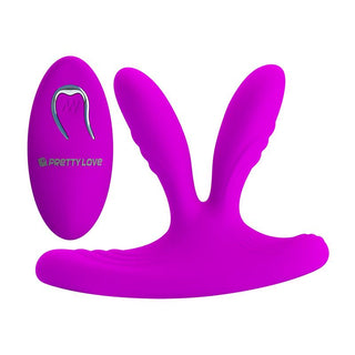 Lila silikonvibrator med två flexibla armar och fjärrkontroll, designad för G-punktstimulans.