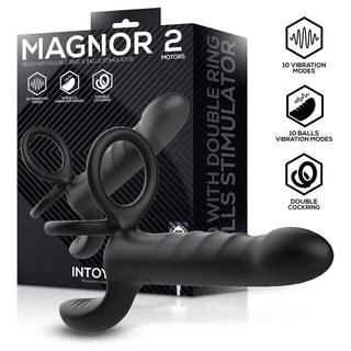 Dubbeldildo med dubbla penisringar i svart silikon, avbildad tillsammans med förpackningen.