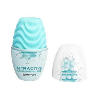 PrettyLove Attraktiv Runkägg har ett blått silikonägg inkapslat i ett vitt sprucket plastskal.