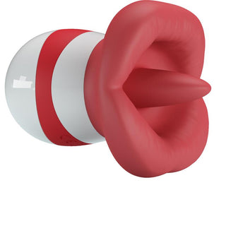 Röd och vit kapselformad stimulator med läppöppning i mjuk silikon och inre utskjutande del.