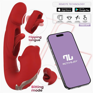Intoyou Mouty Appstyrd Rabbitvibrator, med en vändande tunga och bitläge, visas bredvid en smartphone med ActiveJoy-appen.