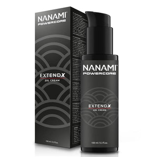 Svart flaska och ask med Nanami Extend X Powercore, 100 ml, med geometrisk design-en exklusiv peniskräm framtagen för män som vill ha ökad känslighet och vård i intimområdet.