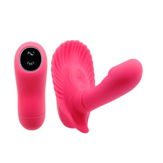 Rosa silikonvibrator med texturerad yta, böjd form och fjärrkontroll; designad för handsfree användning.