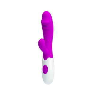 PrettyLove Snappy Purple är en kaninvibrator i silikon med ett böjt skaft för G-punktsstimulering och en extern klitorisstimulator, visad på en vit bakgrund.