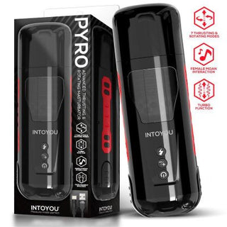 Möt Pyro Edition IntoYou Thrusting Masturbator, en elegant svart och röd enhet med en displaybox med flera funktioner och en turbofunktionsinställning för en spännande upplevelse.