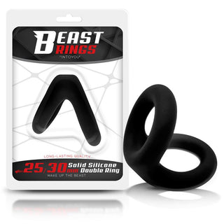 Svart solid silikon dubbel penisring, Beast Rings Double Penisring, 25/30mm silikonring, med förpackning märkt Beast Rings.