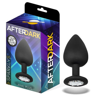 After Dark by Late to Beds förpackning framhäver Afterdark Sparkly Buttplug, en svart analplugg tillverkad av Premiumsilikon med en gnistrande bas.