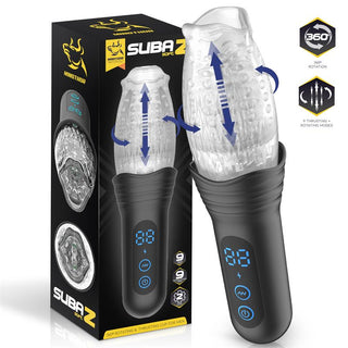 Subaz Masturbator 360° Rotation har en digital display, rörelsepilar, 360° rotation och intensiva vibrationer. Produktlådan visas bredvid enheten.