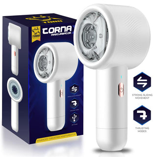 Vit handhållen Minothor Tornax Masturbator med teleskopisk thrusting-funktion, plastmaterial och modern design.