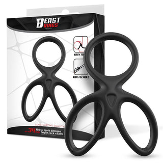 Beast Rings Triple Penisring i svart flytande silikon fungerar som både penis- och testikelring, levereras med produktförpackning som illustrerar användning och funktioner.