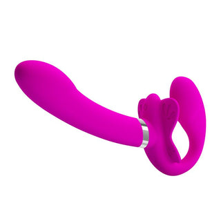 PrettyLove Valerie Strapon är en ljusrosa silikonbandlös vibrator med en böjd axel och flexibelt handtag, utformad för mångsidig unisex njutning.