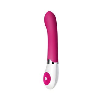 Böjd vibrator i rosa och vit silikon med kontrollknappar, mot en vit bakgrund.