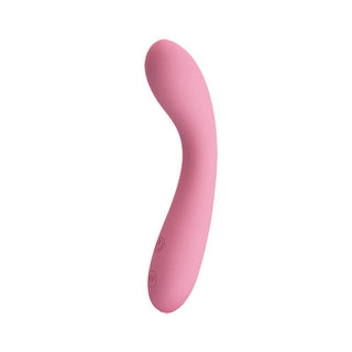 Böjd vibrator i rosa silikon med två knappar.