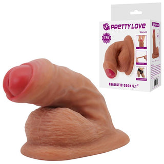 Pretty Love Warnell dildo tillverkad av TPR med en rosa spets, visas bredvid sin Pretty Love Realistic Cock 5.1 förpackning.