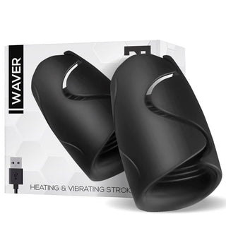 Tardenoche Waver Masturbator för män i svart med värme- och vibrationsfunktion, visas med sin förpackning samt USB-laddningssymbol.