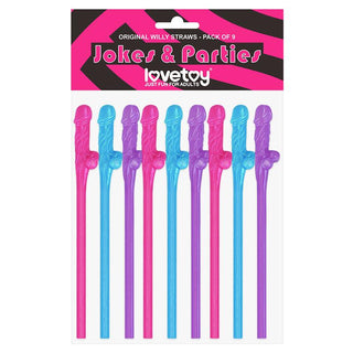 Lovetoy Willy Sugrör Plast 9 st förpackningen innehåller nio lekfulla och färgglada penisformade sugrör, idealiska för vuxenfester och möhippaevenemang. Dessa rosa och lila sugrör gör alla sammankomster roliga, med Jokes & Parties av Lovetoy.