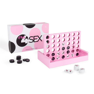 Ett rosa Fyra i Rad Sexspel Play4Sex set med brickor och en låda, ett erotiskt sällskapsspel utformat som ett lekfullt sexspel för par.