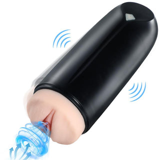 Svart automatisk onanihjälpmedel för män med realistisk vaginahylsa, vibrationsindikatorer och luftflödesfunktioner.