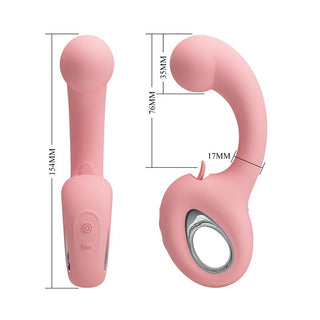 Rosa dubbelvibrator i silikon med loophandtag, synliga mått och kontroller på basen.
