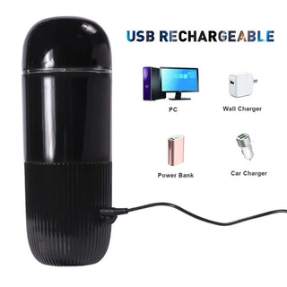 En svart, USB-uppladdningsbar onaniprodukt med en slät yta och ergonomisk design, tillverkad av kroppssäkert material.