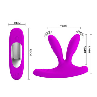 Lila silikonvibrator med två flexibla armar och fjärrkontroll, designad för G-punktstimulans.