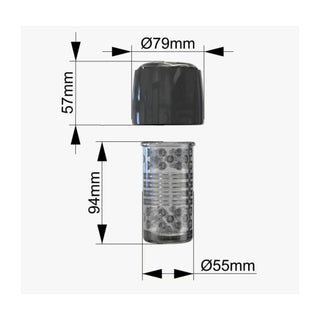 Diagram över IntoYou Thrusting Masturbator Pyro Edition, ett cylindriskt föremål med en höjd på 94 mm, diametrar på 79 mm och 55 mm och en höjd på 57 mm.