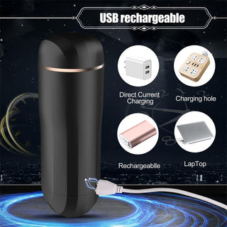 Svart, cylindrisk automatisk onanihjälp med USB-kabel, med en slät yta och modern design.