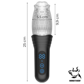 Subaz Masturbator 360° Rotation är en svart och klar handhållen enhet med en digital display, som är 25 cm hög och 5,5 cm bred, med MINOTHOR-logotypen längst ner till höger och erbjuder uppslukande 360° rotation.