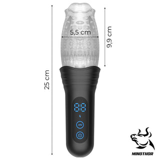 Subaz Masturbator 360° Rotation är en svart och klar handhållen enhet med en digital display, som är 25 cm hög och 5,5 cm bred, med MINOTHOR-logotypen längst ner till höger och erbjuder uppslukande 360° rotation.
