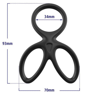 Beast Rings Triple Penisring är svart, tillverkad av flytande silikon och har tre öglor. Den är 93 mm hög, 70 mm bred och har en övre ringdiameter på 34 mm.