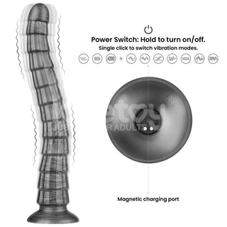Svart silikondildo för analbruk med vibration, knappreglage och magnetisk laddningsport.