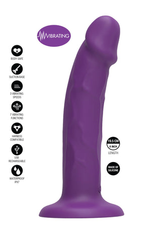 Get Real TOYJOY Vibrator 19 cm är en lila, mjuk silikonvibrator med sugbas och sele-kompatibel design. Produktegenskaperna visas till vänster.